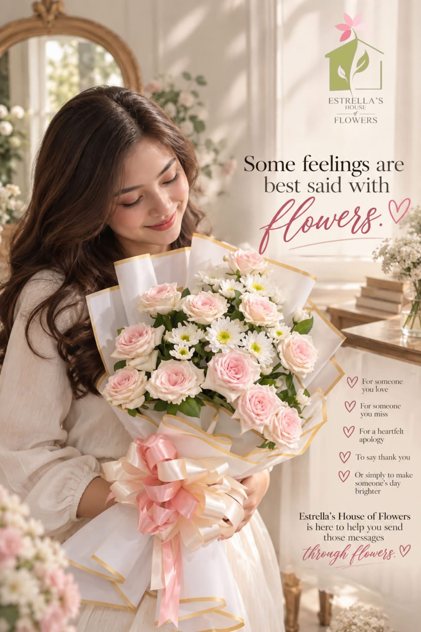 Estrella’s House of Flowers promotional portrait with a bouquet of pink roses and white flowers